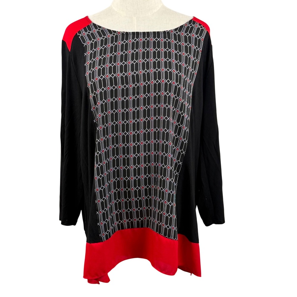 Chico's Women 3 XL‎ Tunic Black Red Geometric Honeycomb Colorblock High Low Top